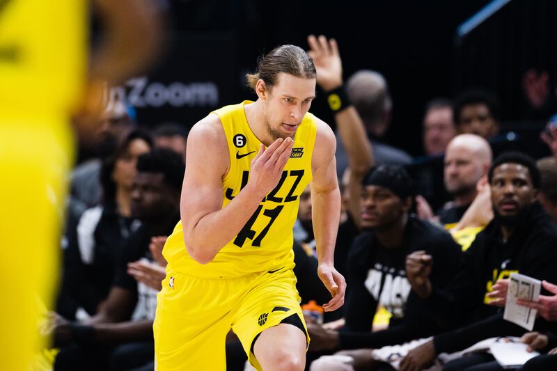 Utah Jazz’s Kelly Olynyk celebrates after making a 3-pointer during game against Atlanta at Vivint Arena in Salt Lake City.