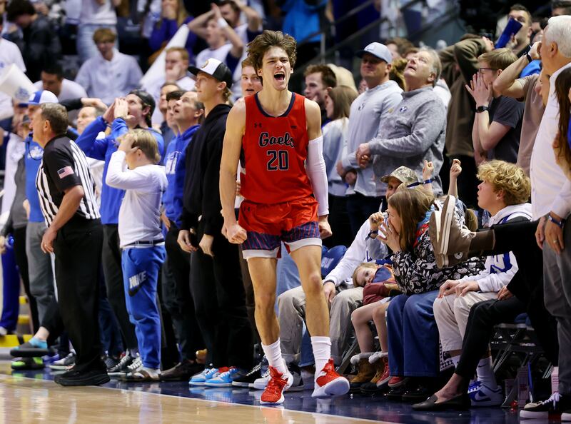 St. Mary’s Gaels guard Aidan Mahaney (wearing red) yells