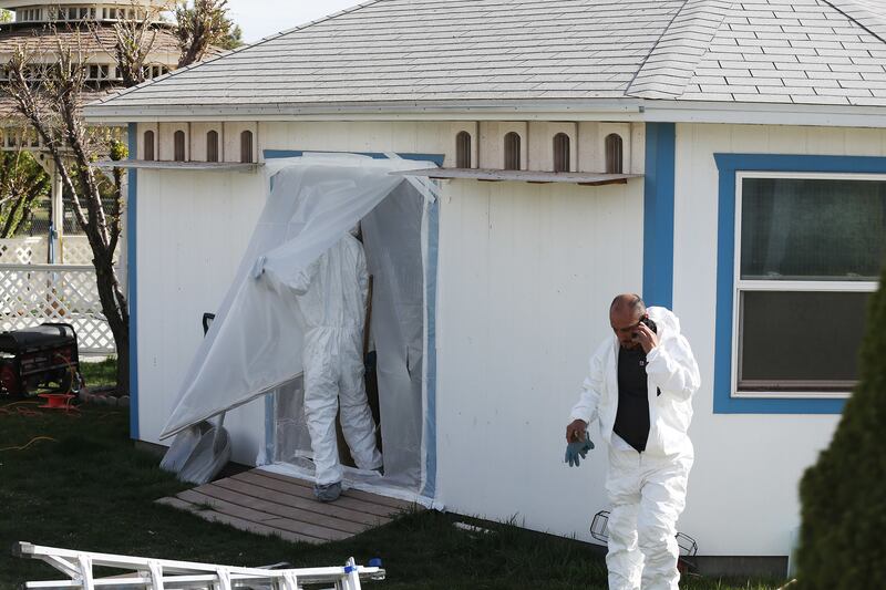 Workers clean out and begin to tear down a pigeon loft in a residential backyard after a four-year legal battle in South Jordan Tuesday, March 31, 2015.