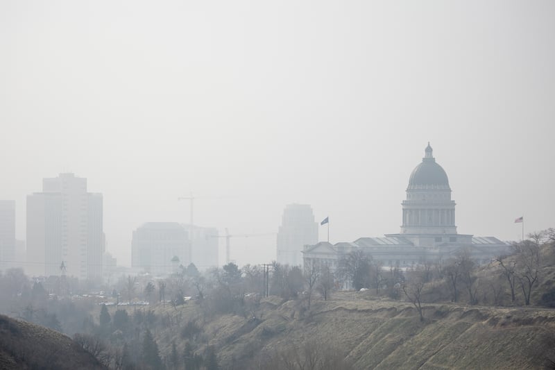 Thick haze shrouds the Capitol and downtown Salt Lake City.