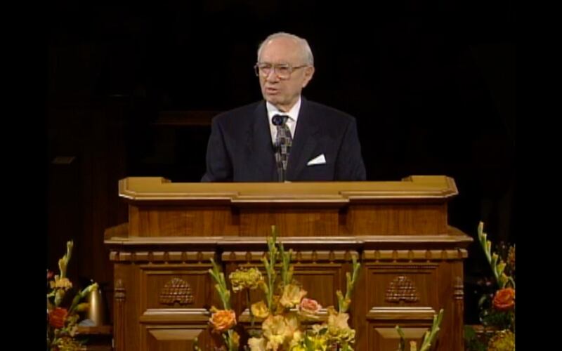 President Gordon B. Hinckley speaks on Oct. 2, 1999, during the opening session of October 1999 general conference, the first time conference was broadcast on the internet.