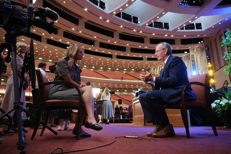 Tabernacle Choir President Michael O. Leavitt speaks to journalists at a news conference regarding the 5,000th episode of “Music & the Spoken Word” in the Conference Center in Salt Lake City on July 11, 2025.