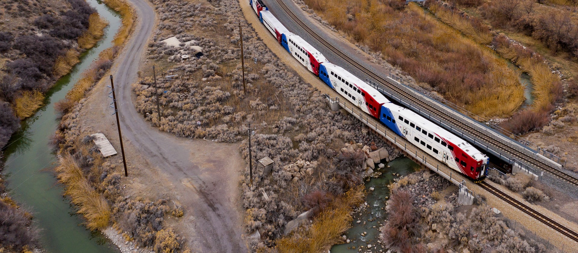 A FrontRunner train travels through the Jordan Narrows on the border of Riverton and Bluffdale.