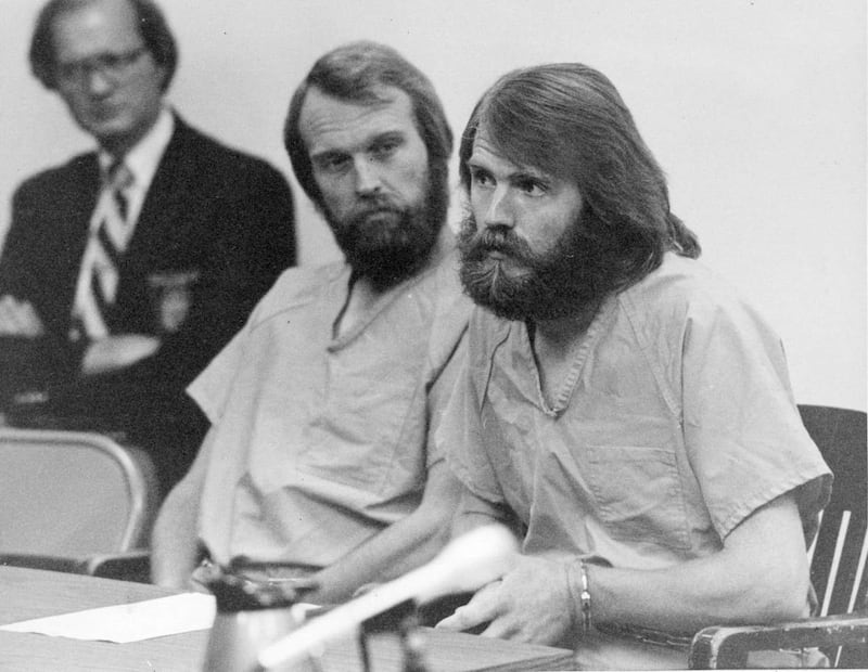 Brothers Ron Lafferty, left, and Dan Lafferty appear in court on Aug. 21, 1984.