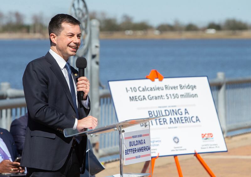 U.S.. Secretary of Transportation Pete Buttigieg speaks in Lake Charles, La., on Feb. 9, 2023.
