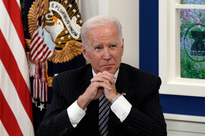 President Joe Biden sits in the White House in Washington.