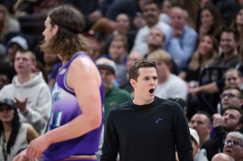 Utah Jazz head coach Will Hardy reacts to a call during the game against the Sacramento Kings at Vivint Arena in Salt Lake City on Tuesday, Jan. 3, 2023.