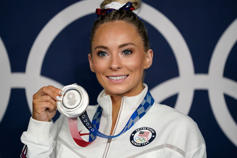 MyKayla Skinner poses for a photo with her silver medal for vault at the 2020 Summer Olympics, Sunday, Aug. 1, 2021, in Tokyo, Japan.