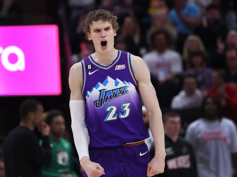 Utah Jazz forward Lauri Markkanen celebrates a 3-pointer made against the Boston Celtics.