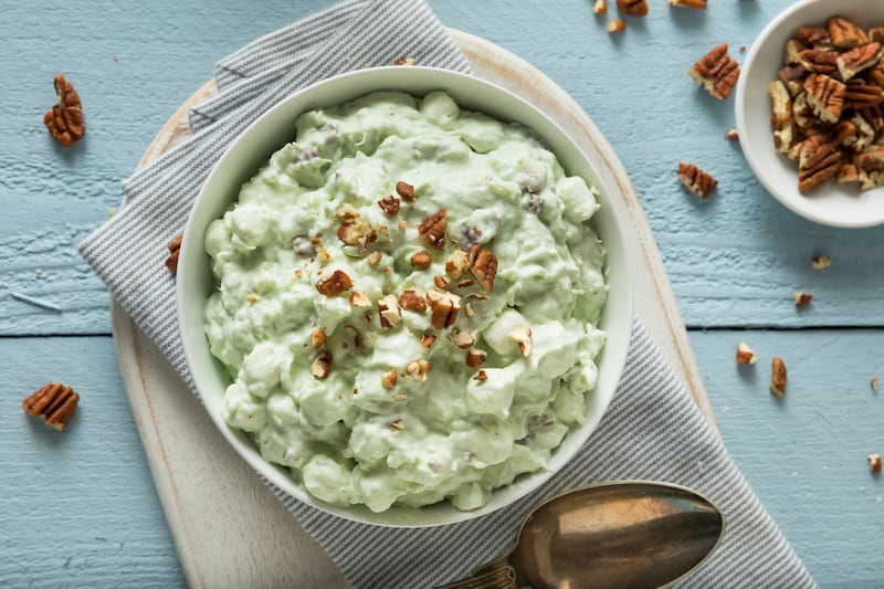 Watergate salad displayed in a dish on a table.