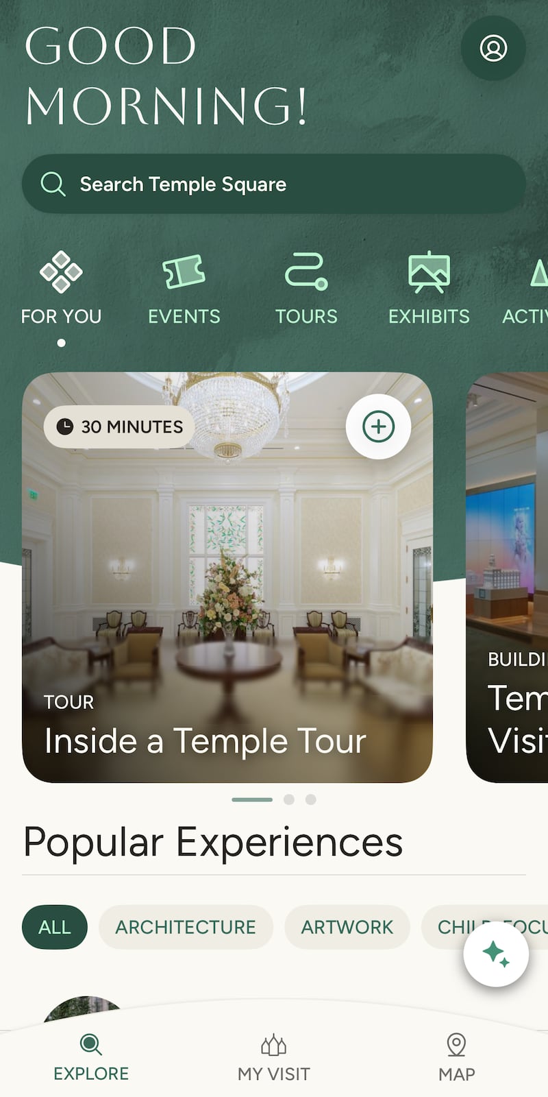 The "Explore" section is pictured on the Temple Square app of The Church of Jesus Christ of Latter-day Saints.