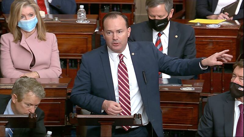 In this image from video, Sen. Mike Lee, R-Utah, speaks as the Senate reconvenes after protesters stormed into the U.S. Capitol.