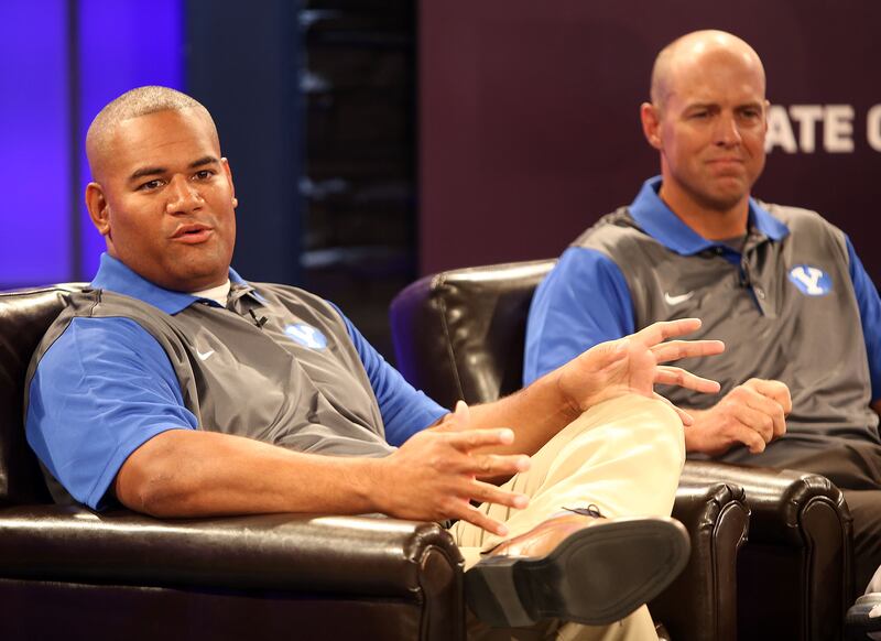 Defensive coordinator Ilaisa Tuiaki and assistant head coach Ed Lamb answer questions during BYU Media Day at BYU Broadcasting in Provo on Thursday, June 30, 2016.