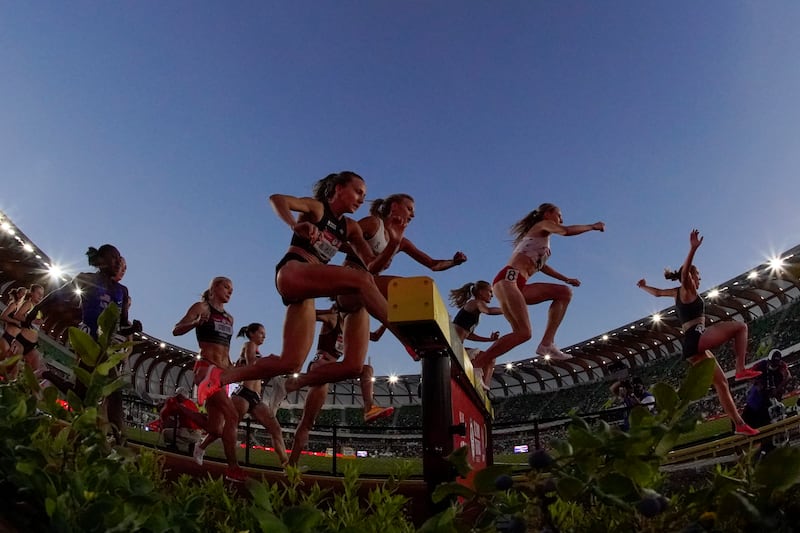 Runners compete in the women’s 3000-meter steeplechase at the U.S. Olympic Track and Field Trials.