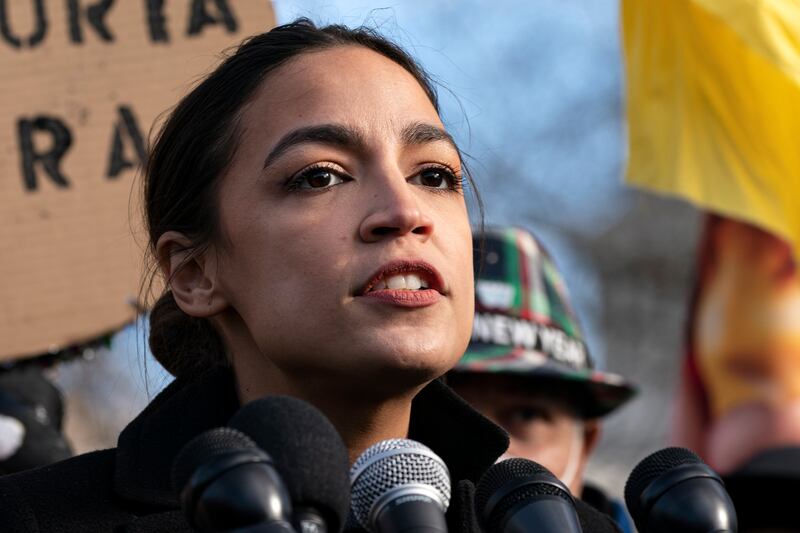 U.S. Rep. Alexandria Ocasio-Cortez, D-N.Y., speaks at a news conference.