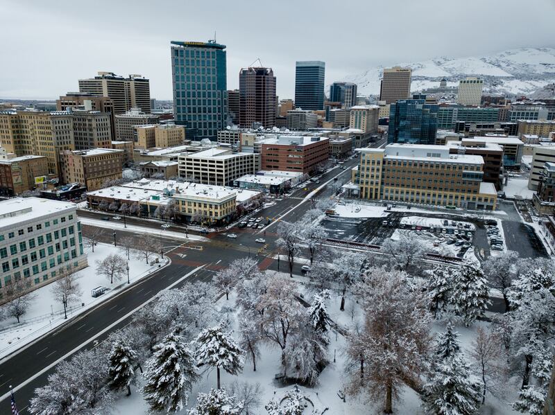 Downtown Salt Lake City is seen during a winter storm on Monday, Jan. 21, 2019.