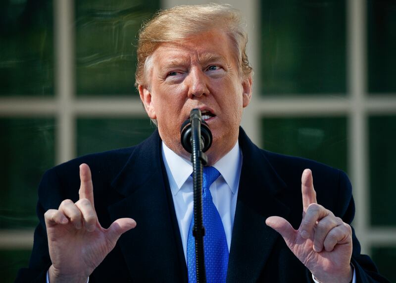 In this Friday, Feb. 15, 2019, file photo, President Donald Trump declares a national emergency in order to build a wall along the southern border during an event in the Rose Garden at the White House in Washington.