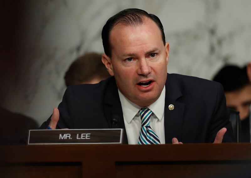 FILE - Senate Judiciary Committee member Sen. Mike Lee, R-Utah, during a Senate Judiciary Committee hearing on Capitol Hill in Washington, Wednesday, Oct. 18, 2017. Lee is taking issue with a Latin American human rights court opinion stating that Costa Ri