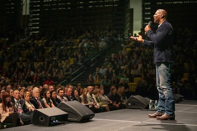 Terry Crews speaks in the UCCU Center on the campus of Utah Valley University in Orem on Thursday, March 28, 2019.