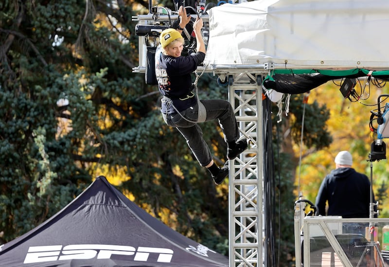 Crews set up for ESPN’s “College GameDay” show at the University of Utah in Salt Lake City.