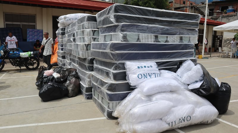Donated mattresses sit in front of a meetinghouse of The Church of Jesus Christ of Latter-day Saints in La Guaira, Venezuela, on Saturday, July 4, 2026. More than 100 individuals are using the meetinghouse as temporary living quarters.