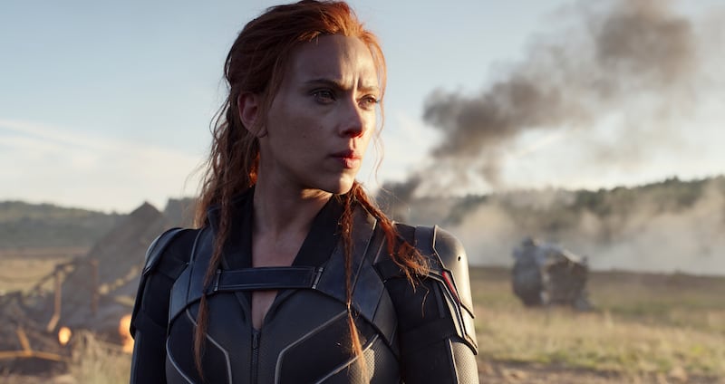 This image released by Disney/Marvel Studios shows Scarlett Johansson in a scene from “Black Widow,” which is scheduled to be released in July.