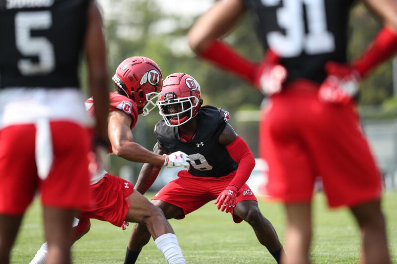 Utah cornerback Clark Phillips III lines up during drill on the opening day of fall camp on Aug. 4, 2021.