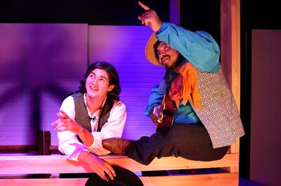 During a rehearsal for Shakespeare's "Twelfth Night," Tennessee Tarrant, left, acts as Duke Orsino and Robert Fernandez acts as Feste. "Twelfth Night" is part of the 7th annual Shakespeare Festival for Kids and Adults With Short Attention Spans at the Uta