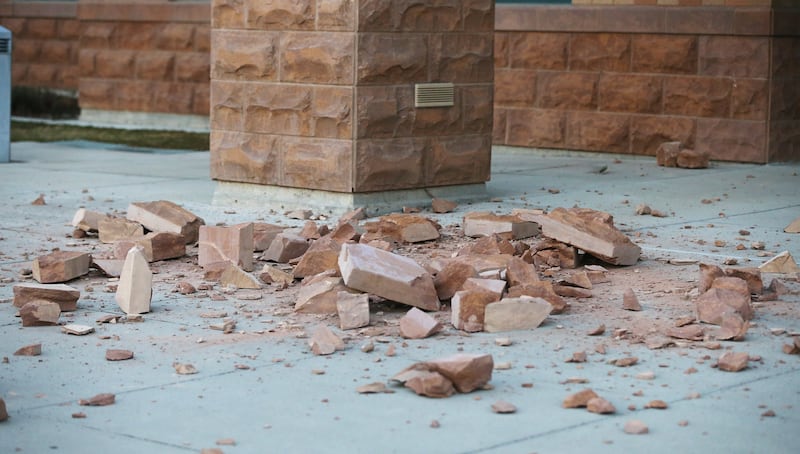Debris from the entrance of Silver Crest Elementary School in Herriman is pictured after a after a 5.7 magnitude earthquake centered in Magna hit early on Wednesday, March 18, 2020.