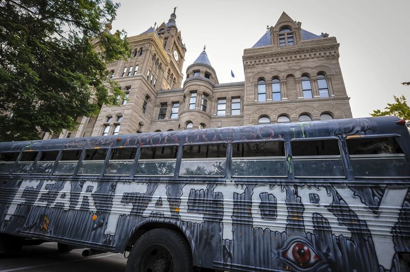 The Fear Factory Bus sits outside the Salt Lake City-County Building during Fear Factory’s annual Zombie Walk on Sunday, Aug. 26, 2018.