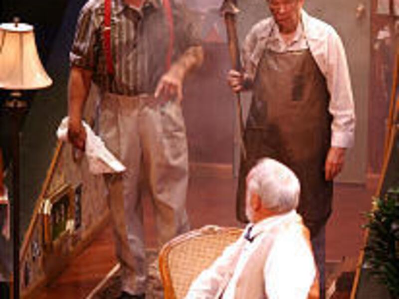 Grandpa Vanderhof (Neal Barth, front) is surprised by the explosive results of the fireworks project created by Paul and Mr. De Pinna (John Paulk, left, and Bob Walkingshaw) in "You Can't Take It With You."
