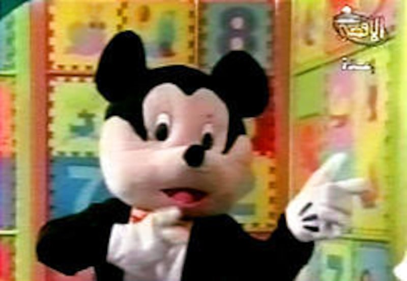 An image taken from al-Aqsa TV shows "Farfour," an obvious Mickey Mouse rip-off, talking to children.