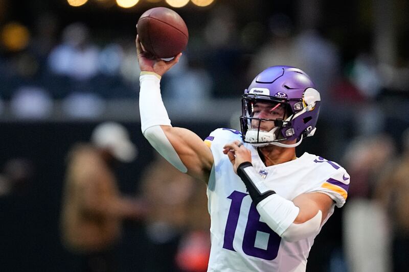 Minnesota Vikings quarterback Jaren Hall warms up before an NFL l game against the Atlanta Falcons on Nov. 5, 2023.