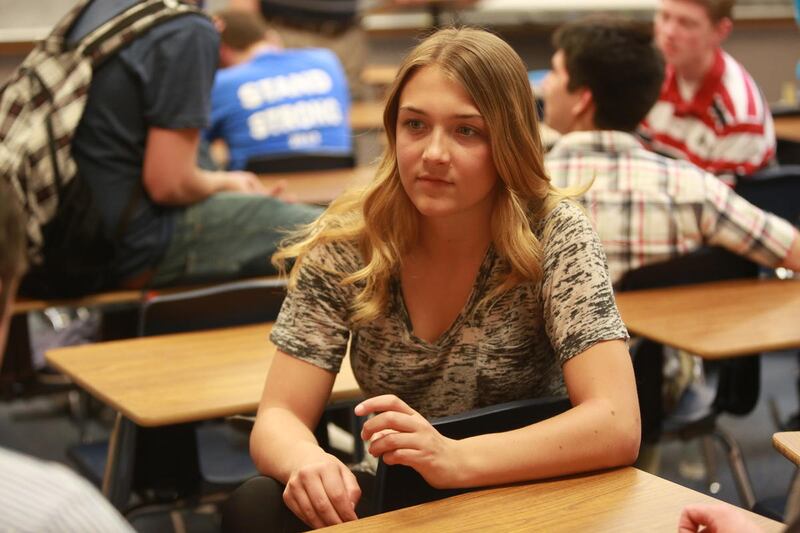 Emma Wiliams talks about a high school financial literacy bill that she helped pass with other students in class at Bingham High School in South Jordan in April 2014.