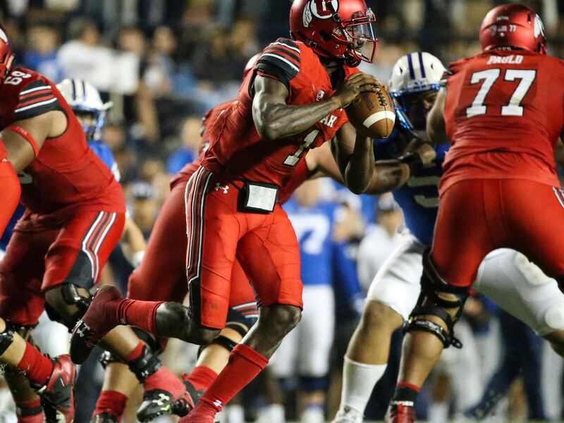 Utah Utes quarterback Tyler Huntley (1) looks to pass during the game against the Brigham Young Cougars at LaVell Edwards Stadium in Provo on Saturday, Sept. 9, 2017.