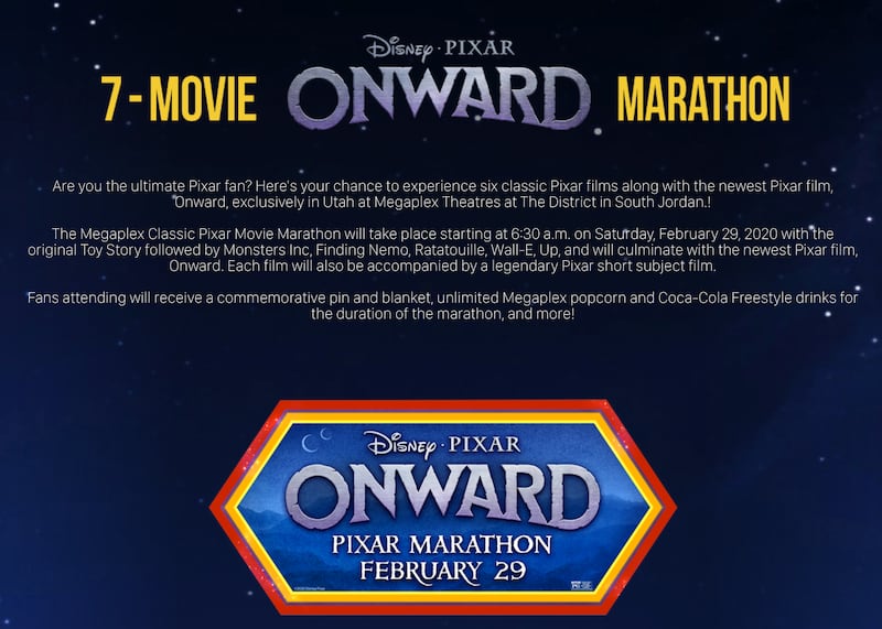 Starting Saturday morning, the Megaplex Theatres will host a seven-film, 15-hour Pixar movie marathon ahead of the release of the new film “Onward,” which we will see in an advanced screening.
