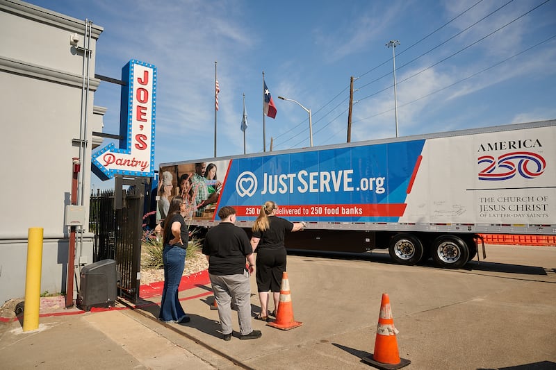 The 100th truckload of food donated by The Church of Jesus Christ of Latter-day Saints in celebration of America’s 250th anniversary is delivered to Joe's Pantry in Dallas, Texas, on Thursday, May 14, 2026.