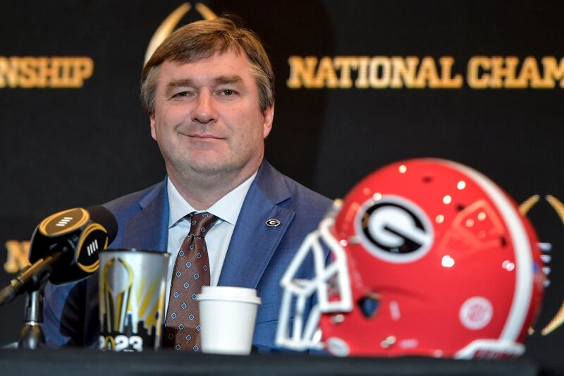 Georgia head coach Kirby Smart speaks during a news conference ahead of the national championship NCAA College Football Playoff game between Georgia and TCU, Sunday, Jan. 8, 2023, in Los Angeles. The championship football game will be played Monday.
