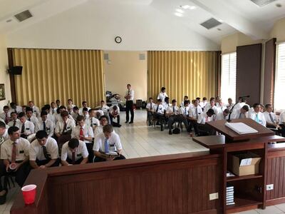 Elders gather for worship services in the LDS Caparra/Bayamon meetinghouse on the first Sunday after Hurricane Maria in late September 2017 — the same meetinghouse that the 100 elders stayed and slept in for eight days.