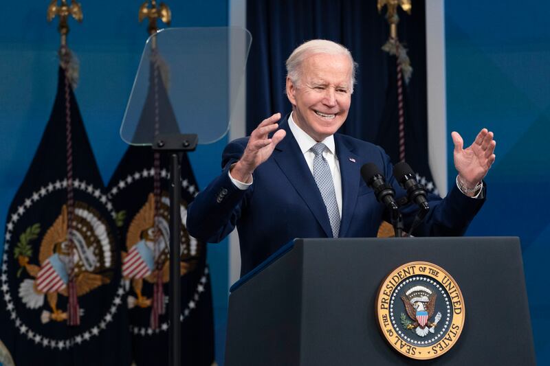 President Joe Biden is pictured speaking about inflation.