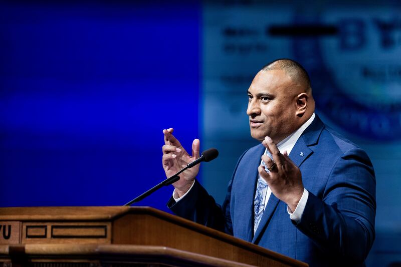 Football coach Kalani Sitake delivers a BYU campus devotional talk at the Marriott Center in Provo, Utah, on March 11, 2025.