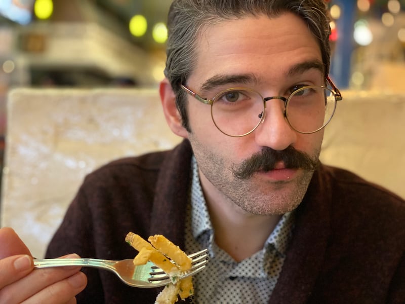 A photo of my friend Kyle while eating lunch in Northampton, Mass.
