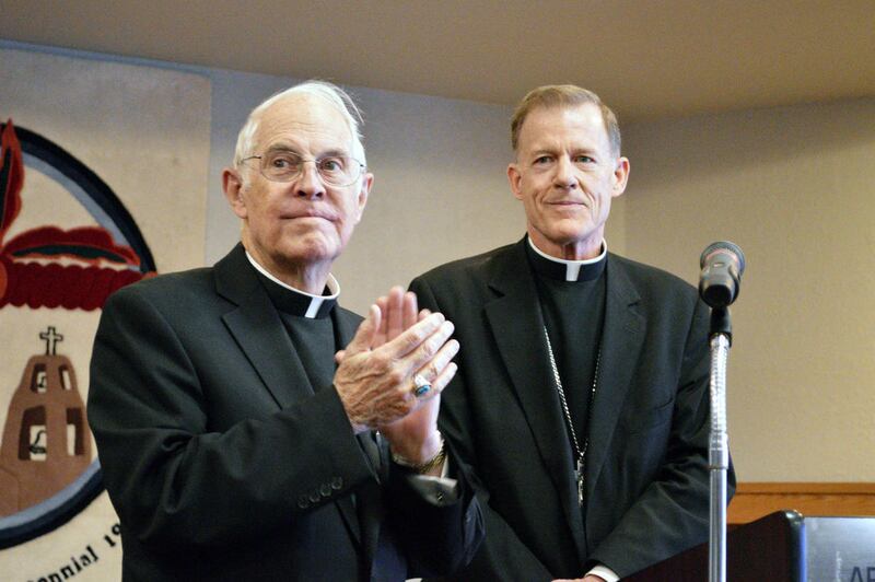 Salt Lake City Bishop John C. Wester, right, answers questions with outgoing Santa Fe Archbishop Michael Sheehan at a news conference on Monday, April 27, 2015 in Albuquerque announcing his appointment at Santa Fe Archbishop. The 64-year-old Wester takes