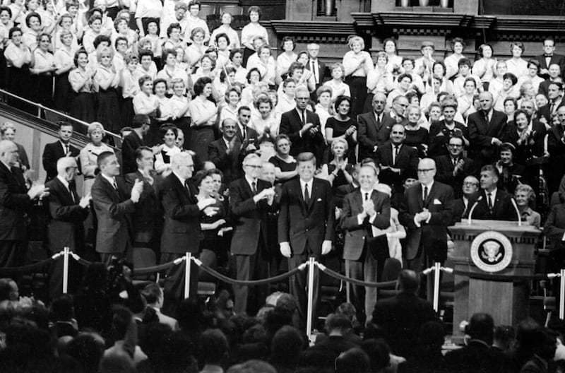 President John F. Kennedy addresses a large gathering in the Tabernacle on Sept. 27, 1963. The Mormon Tabernacle Choir provided the music.