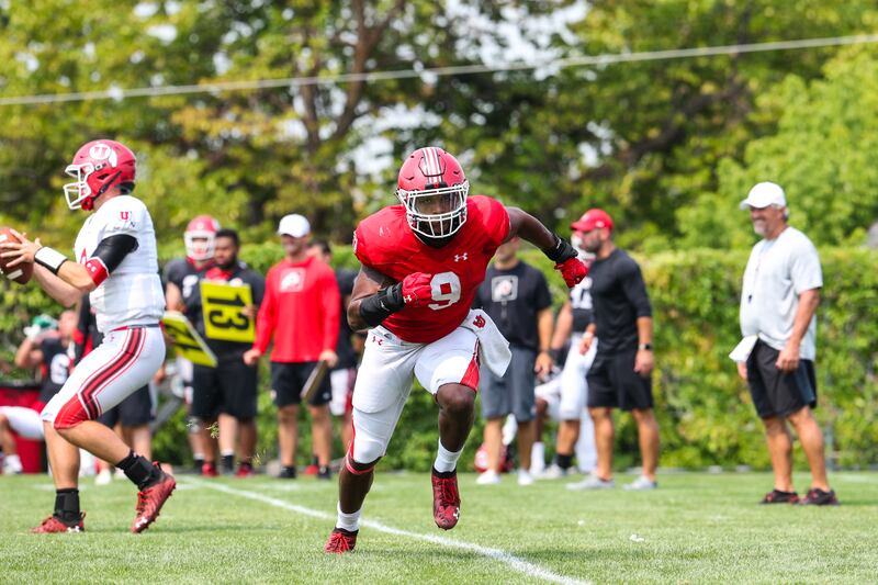 Utah running back Tavion Thomas gets in some work during fall camp at the University of Utah in Salt Lake City.