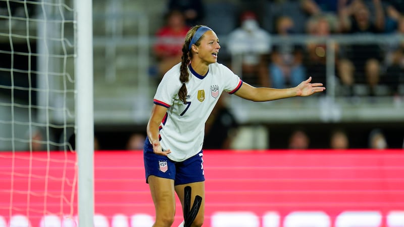 United States’ Ashley Hatch reacts after a play against Nigeria during the second half of an international friendly soccer match, Tuesday, Sept. 6, 2022, in Washington. (AP Photo/Julio Cortez)