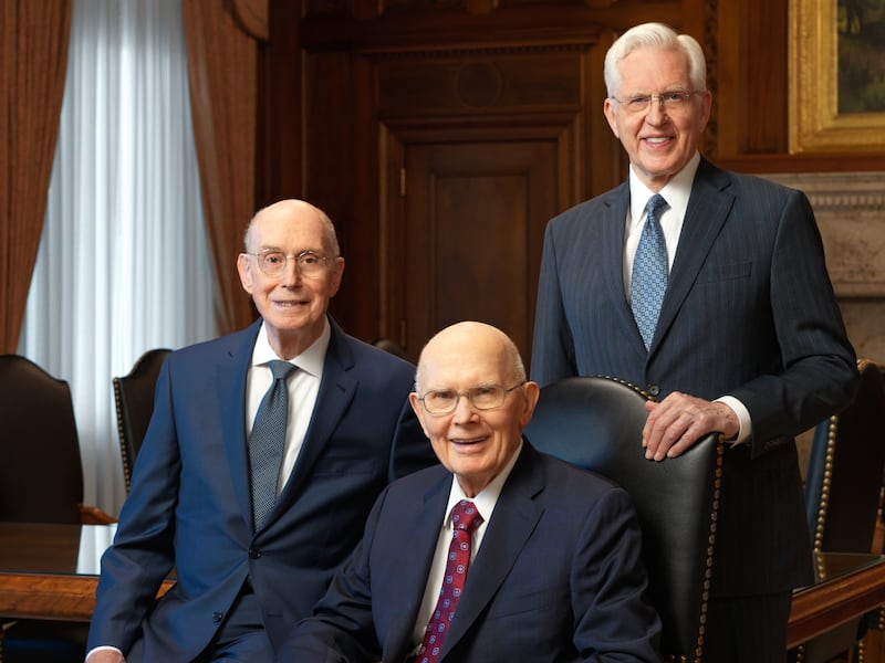 Official portrait of the First Presidency: President Dallin H. Oaks and his counselors, President Henry B. Eyring, first counselor, and President D. Todd Christofferson, second counselor.