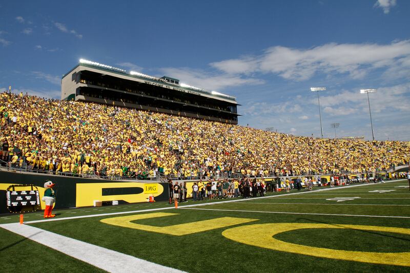 Oregon fans are shown at Autzen Stadium during the first half of their NCAA college football game against Fresno State in Eugene, Ore., Saturday, Sept. 8, 2012.(AP Photo/Don Ryan)