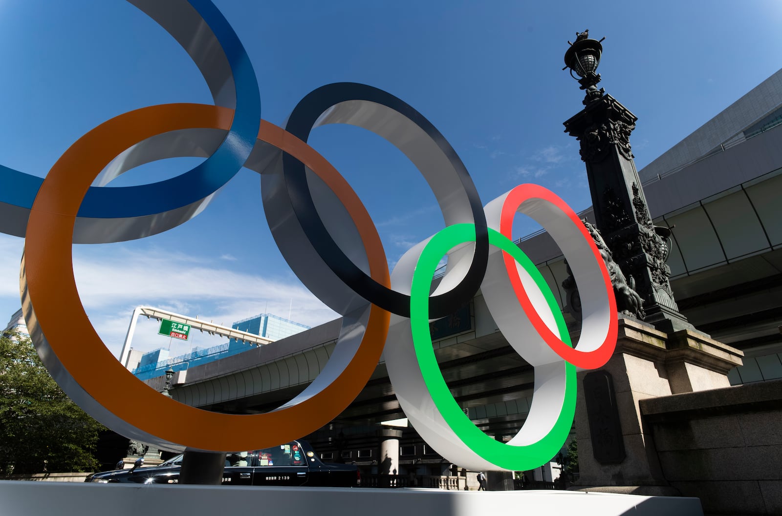 The Olympic rings installed by the Nippon Bashi bridge in Tokyo are pictured on Thursday, July 15, 2021.