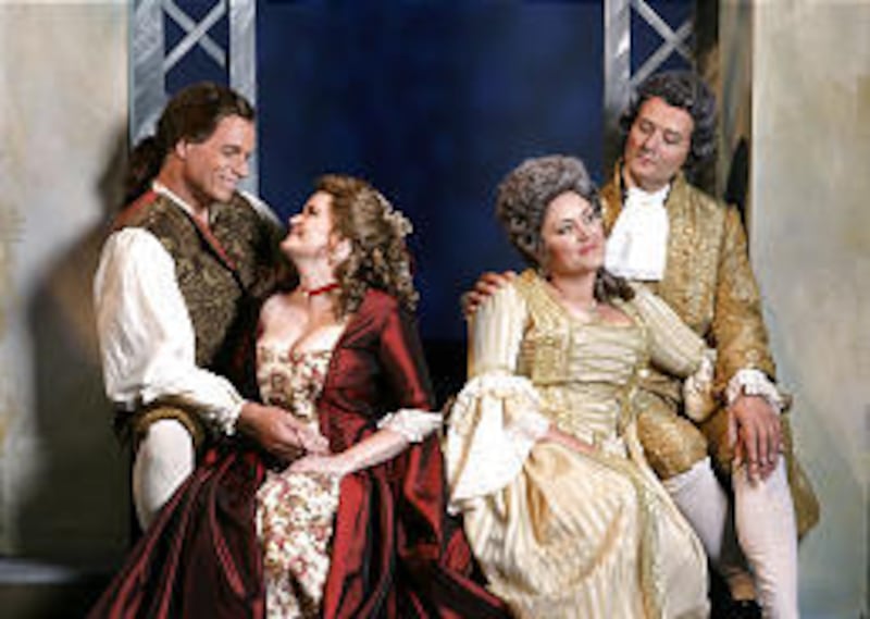 Figaro (Kristopher Irmiter), Susanna (Suzanne Woods), the Countess Almaviva (Kara Shay Thomson) and Count Almaviva (Darrell Babidge) in Utah Festival Opera's production of "The Marriage of Figaro."